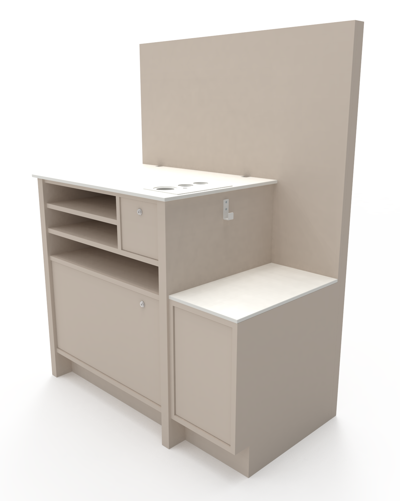 CHECKOUT DESK,FLEX,W.PODIUM RIGHT,STANDARD,S.BEIGE/WH
