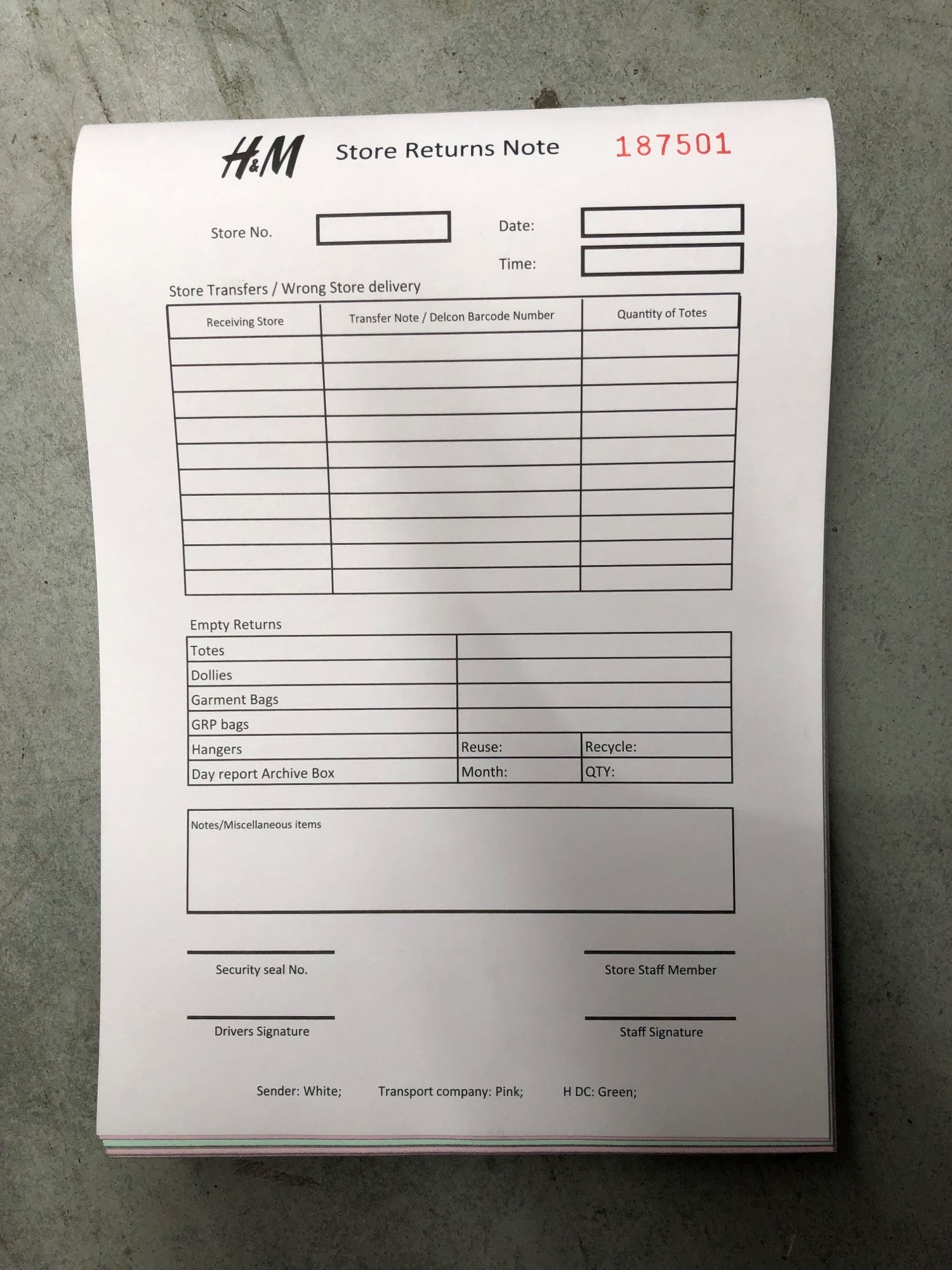 A5 Store Returns Note Book